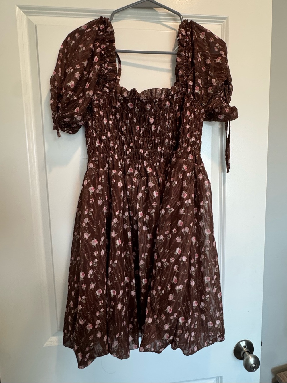 Lulu's Brown Floral Puff-Sleeve Smocked Mini Dress